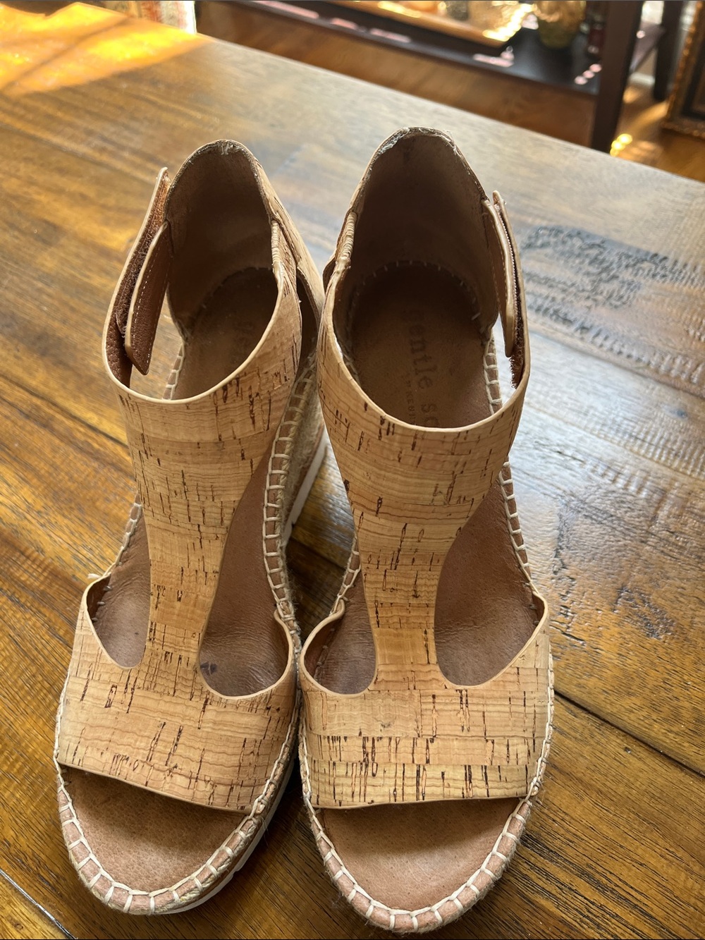 gentle souls Cork-Textured Tan Wedge Sandals